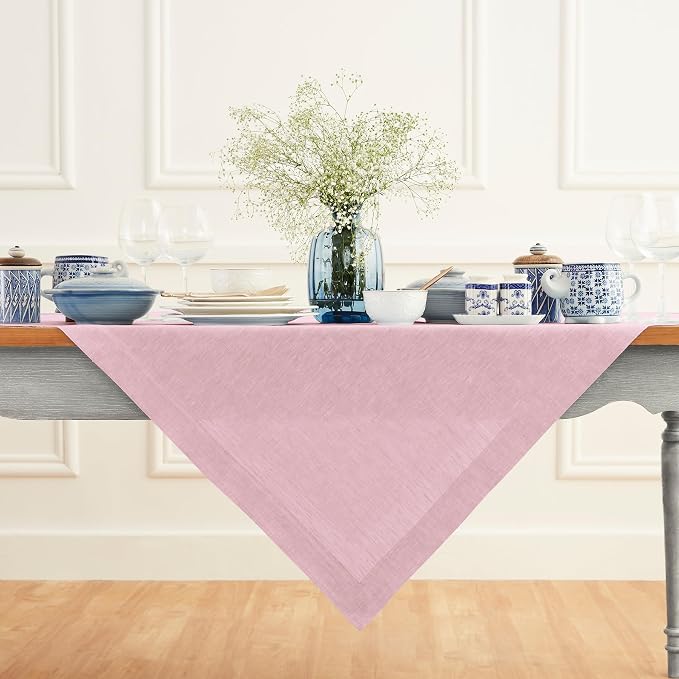 Solino Home Linen Tablecloth 52 x 52 Inch - 100% Pure Linen Square Table Throw - Athena, Machine Washable Bubblegum Pink Tablecloth for Summer