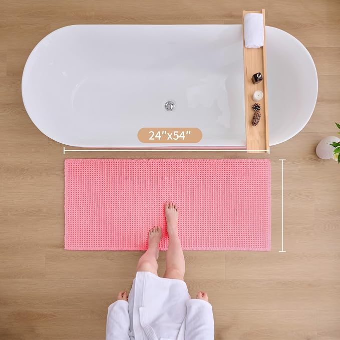 ILANGO Upgraded Waffle Bathroom Runner Rugs,Super Absorbent Boho Non Slip Bathroom Mats Quick Dry,Ultra Soft Machine Washable Mat with Tassels for Hallway,24x54,Pink