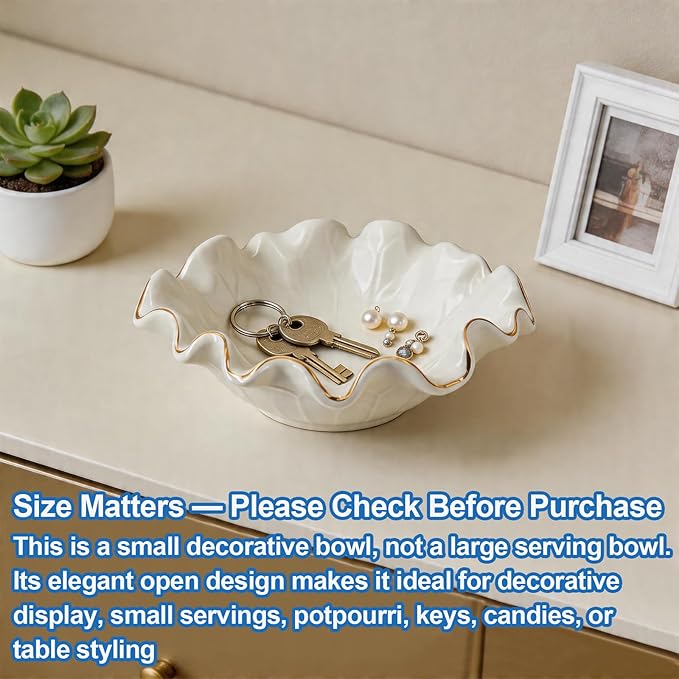 8 Inch Small Lotus Ceramic Decorative Bowl, about15 oz Capacity, Modern Ruffle Lotus Leaf with Gold TrimDesign,Decorative Centerpiece for Entryway Tables, Coffee Tables,Kitchen Counters