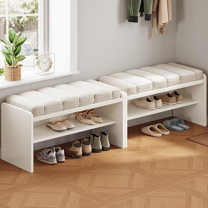 2-Piece Modern Shoe Bench with Storage, Shoe Rack with Cushion Upholstered Fabric Shoes Changing Stool with 2 Tier Storage Space for End of Bed Entryway Bedroom Living Room, Cream White