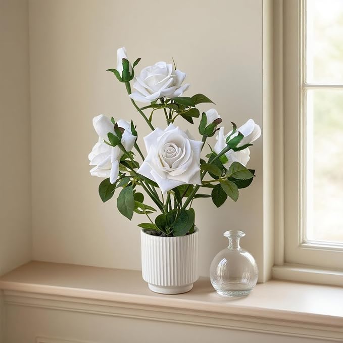 Artificial Rose Plant with Ceramic Vase, White | Silk Roses, Home Decor, Potted Floral Arrangement