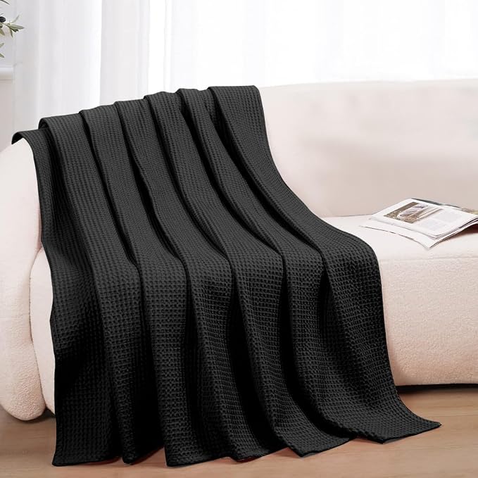 100% Cotton Blankets for Bed - Waffle Weave Blankets for Summer, Lightweight and Breathable Soft Woven Blanket for Spring (Black, Queen (90" x 90"))