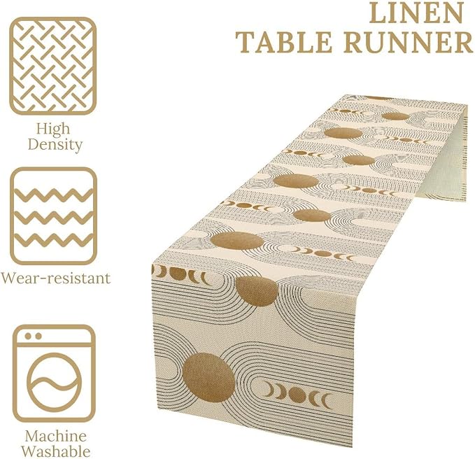 YCness Boho Table Runner Mid Century Modern Style Abstract Geometrical Gold Round Sun Moon Table Runner for Party Dining Living Room Kitchen Home, 13x108 Inch