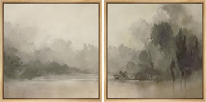 SIGNFORD Framed Canvas Print Wall Art Set Mystic River Fog Waterfront Nature Illustrations Modern Art Minimal Relax/Calm for Living Room, Bedroom, Office - 24"x24"x2 Natural