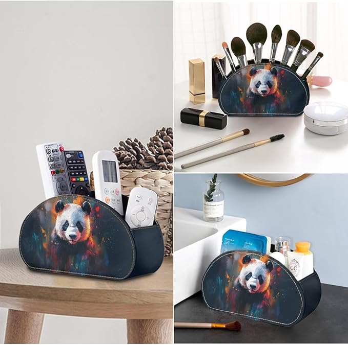 Simple Panda Pattern Print Office Desk Organizers with 5 Compartments, Remote Control Holder - Desktop/TV Cabinet/Vanity Caddy, Storage for Controllers/Cosmetic Brushes/Glasses Black
