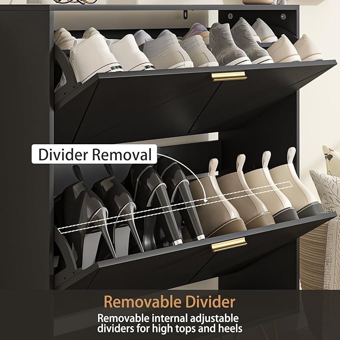 LYNSOM Shoe Cabinet with 2 Flip Drawers, Black Shoe Storage Cabinet, Slim Wooden Freestanding Shoe Rack, Shoe Organizer with Fluted Panel for Entryway Hallway