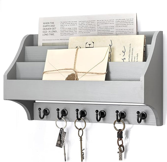 Rebee Vision Pine Wood Key Holder Wall Mount - Farmhouse 3-Tire Mail Holder for Wall with 6 Key Hooks - Multifunctional File Organizer for Home Decor & Entryway (Gray)
