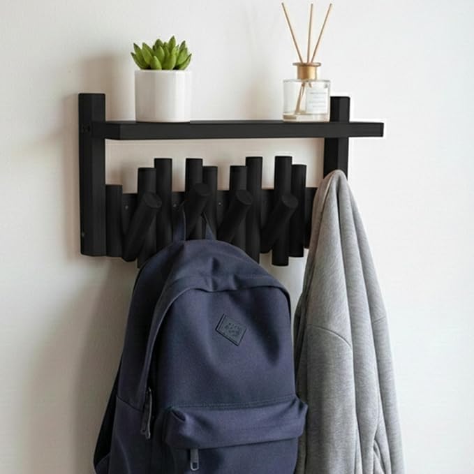 Bamboo Wall Mounted Coat Rack with Shelf Flip Down Wooden Hooks for Entryway Hallway Bedroom | Matte Black Piano Hanger, 5 Hooks, Space Saving Organizer