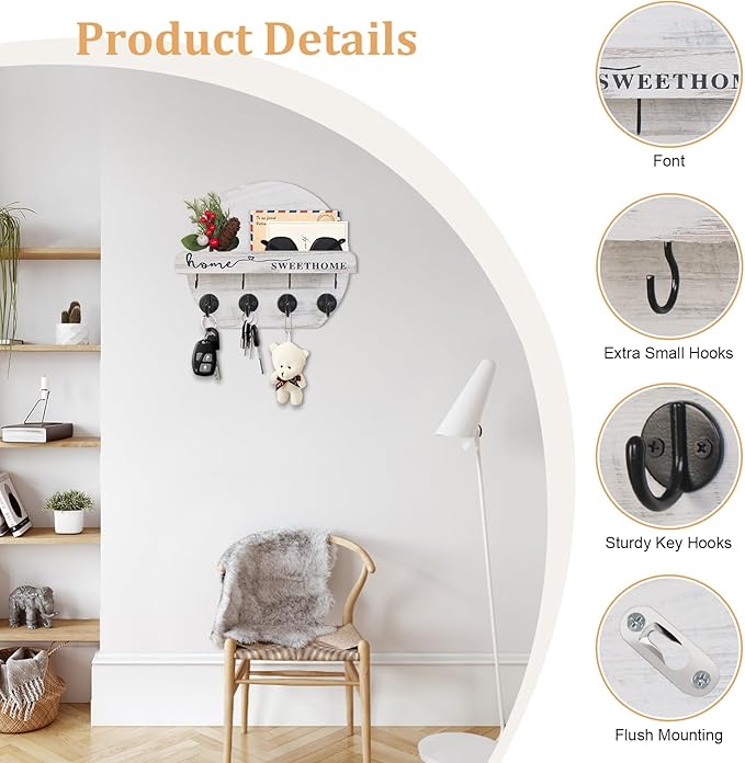 Key Holder for Wall, Key and Mail Holder Organizer - Key Holder Wall Mount with Bouquet Shelf and Key Hooks, Round Wooden Rustic Key Rack for Entryway and Home Decor (Pale White)