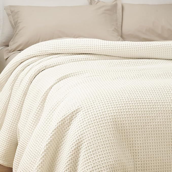 PHF Pre-Washed 100% Cotton Waffle Weave Blanket Queen Size for Bed,Snag Proof Throw Blanket for Couch Spring Summer Lightweight Breathable,Machine Washable, Home Decor Gift - Cream