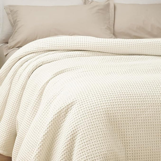 PHF Pre-Washed 100% Cotton Waffle Weave Blanket Queen Size for Bed,Snag Proof Throw Blanket for Couch Spring Summer Lightweight Breathable,Machine Washable, Home Decor Gift - Cream