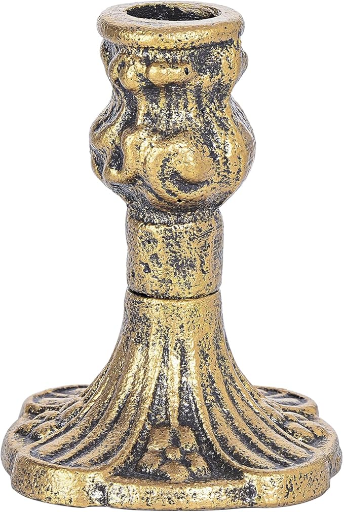 Sungmor Vintage Gold Cast Iron Candle Holder – 4.4" Tall Decorative Rustic Taper Candle Stand – Heavy Antique-Style Candlestick for Table Centerpiece, Fireplace Mantel, or Farmhouse Home Décor