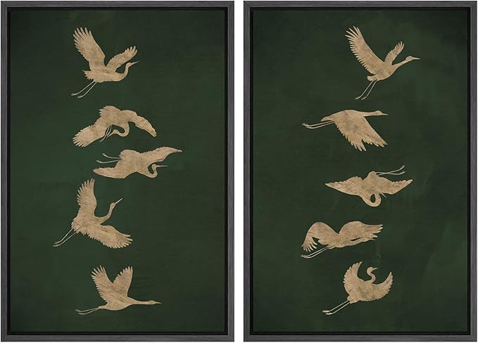 SIGNWIN Framed Canvas Print Wall Art Set Golden Cranes in Flight on Deep Green Illustrations Modern Art Rustic Colorful Ultra for Living Room, Bedroom, Office - 24"x36"x2 Black