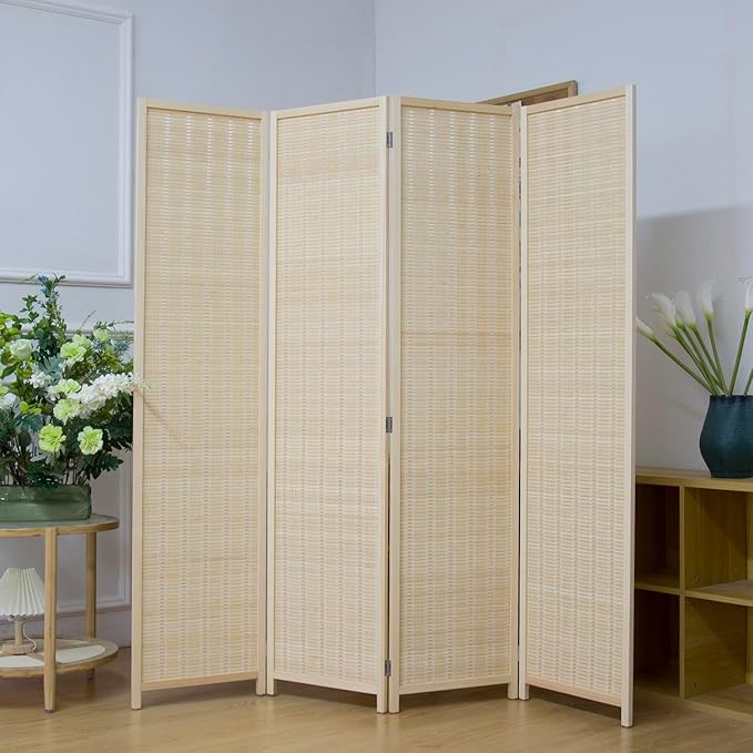 4 Panel Bamboo Room Divider Screen,5.6 FT Tall Bamboo Divider Folding Privacy Screen,Freestanding Panel Divider for Room Seperation,Beige