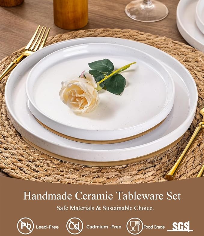 AmorArc Ceramic Dinnerware Set for 4 | Speckled Stoneware Plates and Bowls with unglazed terracotta | Scratch Resistant, Dishwasher & Microwave Safe Dishes Sets- 12-Pcs Milk White