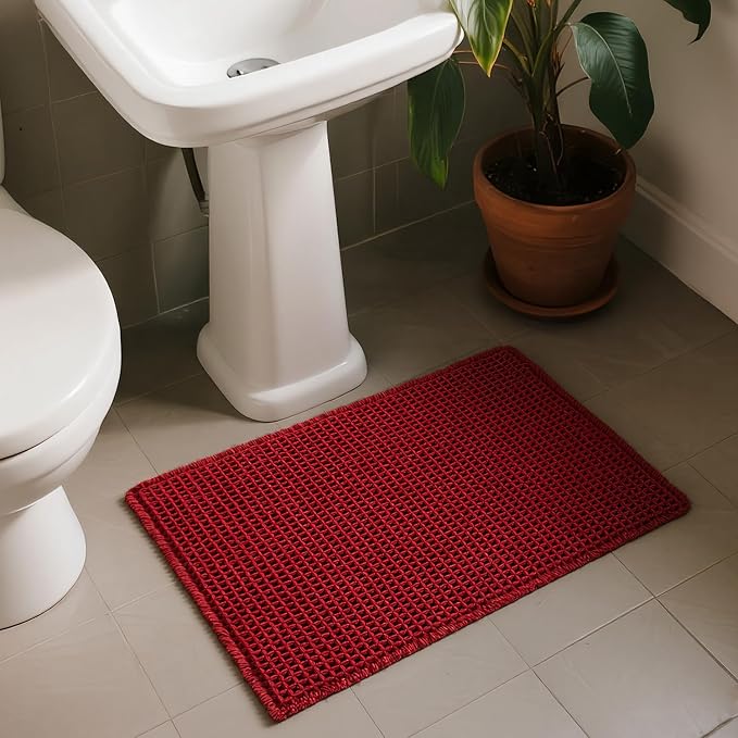 Triohero Waffle Bath Mat, Boho Bathroom Rugs Non Slip Washable, Ultra Soft Super Absorbent Quick Dry Farmhouse Bathroom Decor, 24" x 48", Burgundy