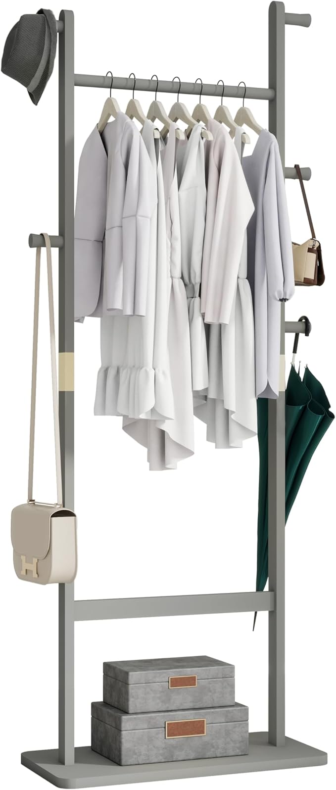 CHANCEE Solid Wood Coat Rack, Freestanding Clothes Rack with Shoe Storage, Heavy-Duty Hall Tree with 5 Hooks, Corner Coat & Hat Stand for Bedroom, Entryway, Living Room, Hotel