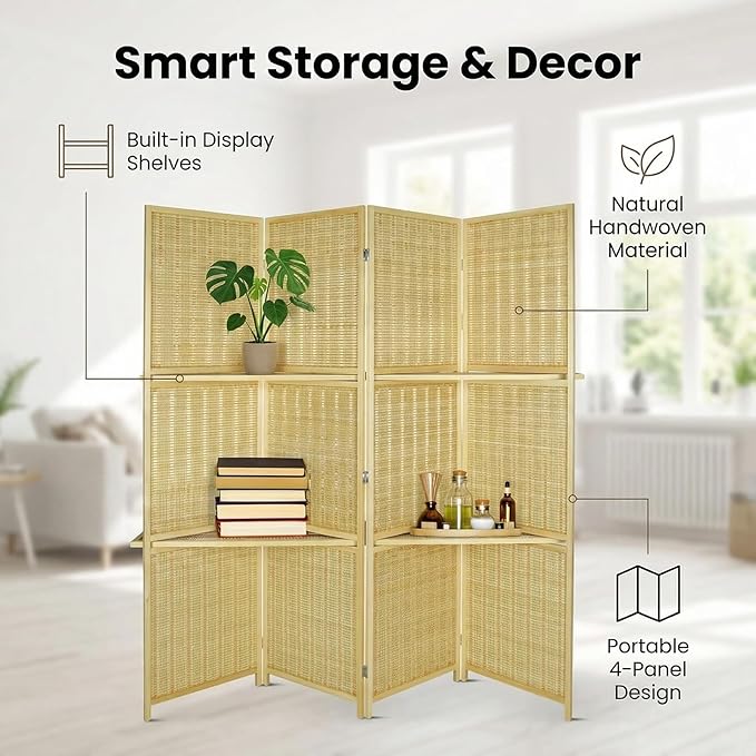 Bluecat 4 Panel Bamboo Room Divider with Shelves, Lightweight Privacy Screen for Bedroom Home Office, No Assembly Required, Natural Bamboo