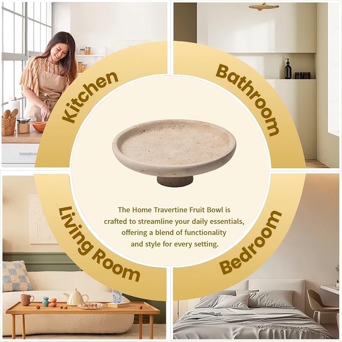 Natural Travertine Fruit Bowl for Kitchen Counter 10.2",Large Decorative Bowl & Travertine Bowl Pedestal for Kitchen Counter & Dining Table ,For Entryway, Kitchen Fruit Bowl, Dining Table Centerpiece.