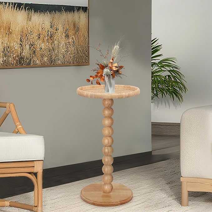 Drink Table, Boho Rattan Small Round Side Table for Small Spaces, Solid Wood Circle End Table for Living Room, Pedestal Table for Couch, Bedroom, Corners, Natural