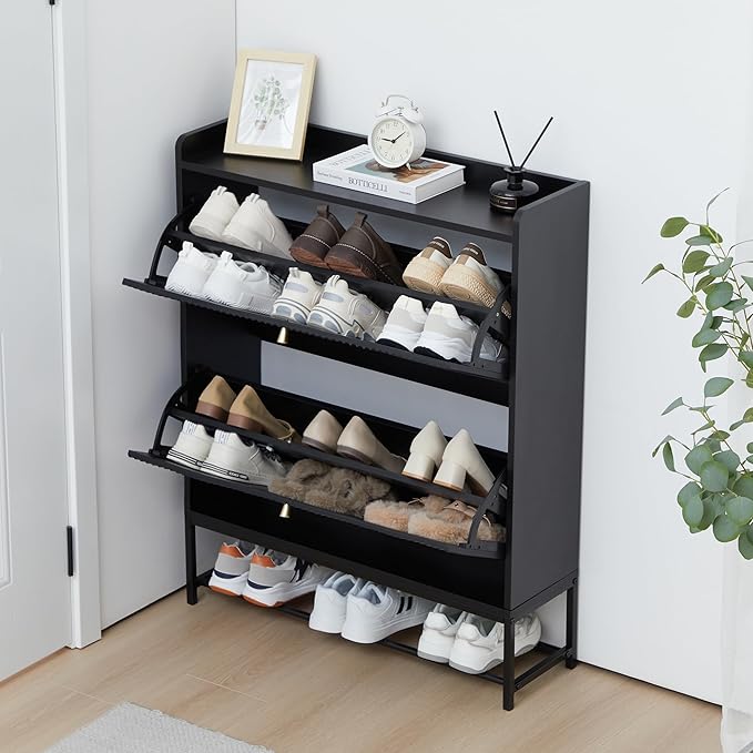 RARZOE Set of 2 Fluted Shoe Cabinets for Entryway with 2 Flip Drawers, Narrow Wood Shoe Cabinet with Fluted Panel, Freestanding Hidden Shoe Rack with Metal Legs for Foyer,Hallway(31.5''Black)