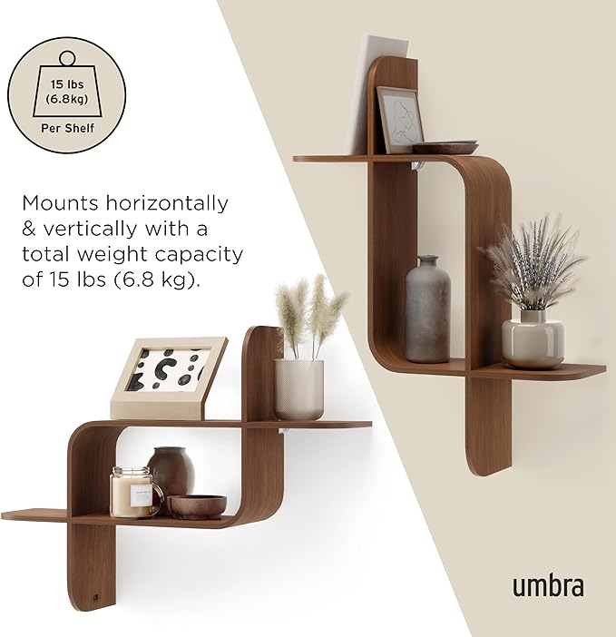 Umbra Montage Floating Wall Shelf Display Case, Made of Natural Bent Wood, Light Walnut