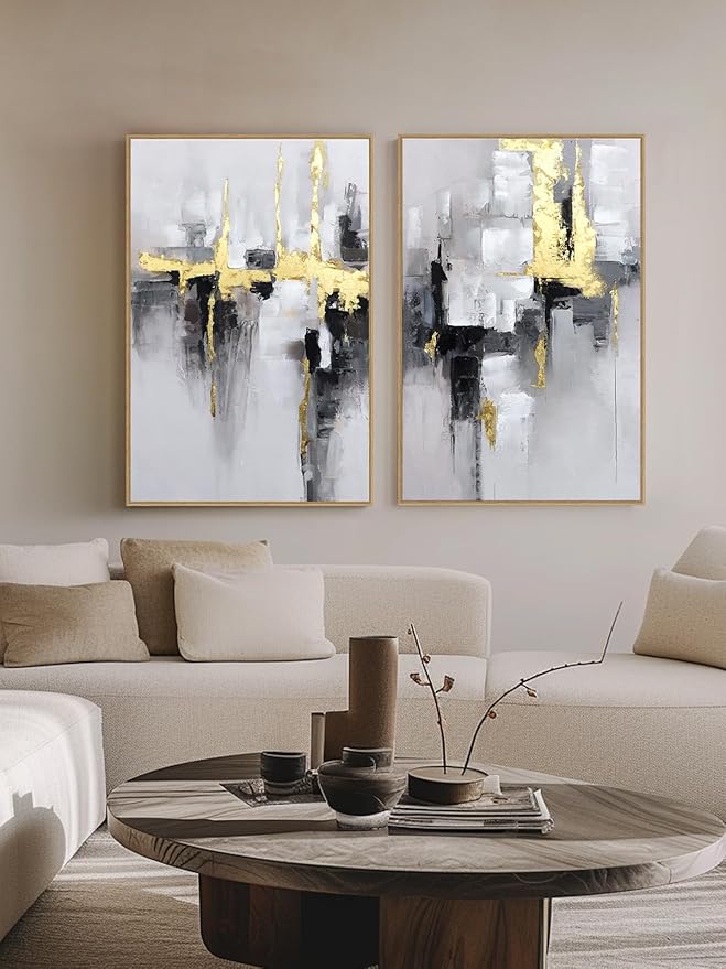 SAFERRYHOME 2-Piece Large Grey and Gold Abstract Wall Decor- Framed Modern Canvas Paintings for Living Room, Bedroom, Office Décor - 24x36 Inches Each