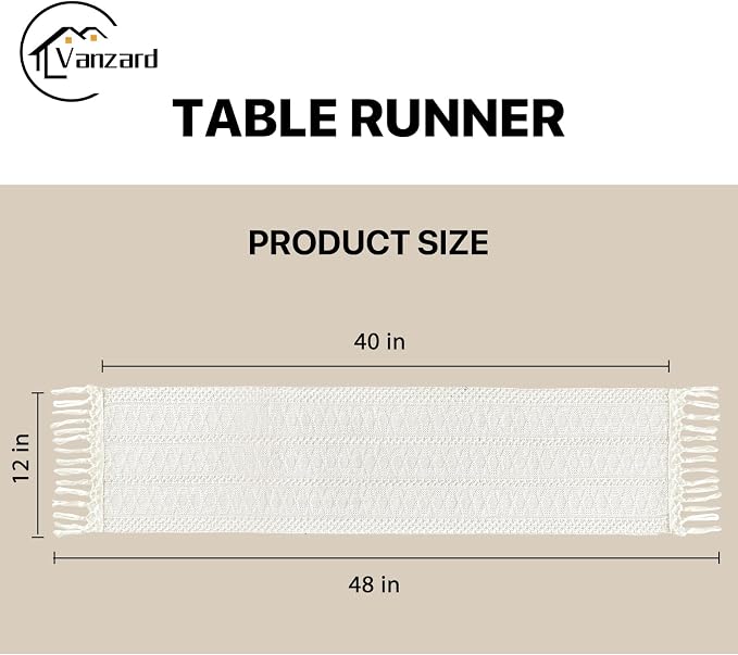 Macrame Table Runner Cream Beige Boho Table Runners with Tassels 48 Inches Long, Rustic Farmhouse Table Runners for Living Room Bridal Shower(12x48in, Fringe Included)