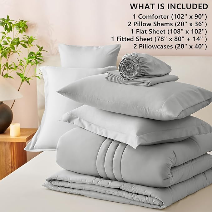 CozyLux King Comforter Set - 7 Pieces Bed in a Bag Light Grey Comforter Set with Sheets Luxury Bed Set All Seasons, Soft Bedding Set with Down Alternative Comforter, Sheets, Pillowcases & Shams