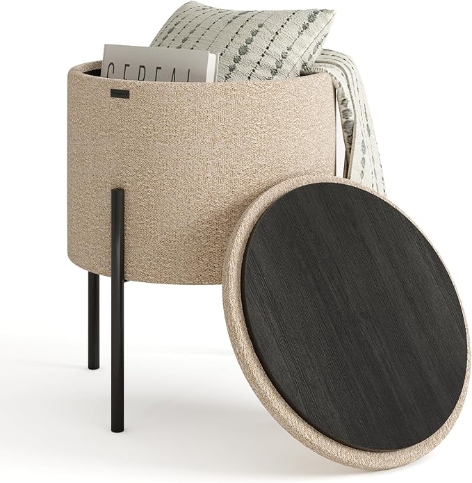 Round Ottoman with Storage, Boucle Storage Foot Stool, Makeup Vanity Stool, Small Ottoman Foot Rest, Modern Ottomans for Living Room and Bedroom, Beige