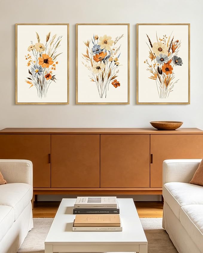 KUVIOKE Vintage Wildflower Bouquet Framed Wall Art Retro Flower Botanical Pictures Illustrations Colorful Floral Hanging Decor 16x24in (Natural Framed)