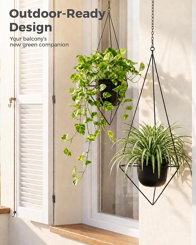 Bamworld Black Hanging Planters for Indoor Outdoor Plants Metal Hanging Pots for Plants 5 Inch Modern Hanging Basket Window Plant Hanger Ceiling Hanging Flower Pot with Chain for Wall Decor (Diamond)