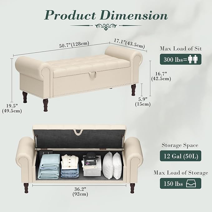 Apicizon 51” Bench with Storage, Faux Leather Ottoman Bench with Rolled Arm & Vintage Rivets, End of Bed Bench for Bedroom, Living Room, Entryway, Beige+Brown Legs
