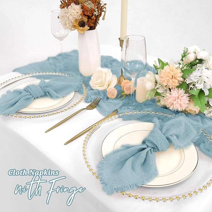 12 Pack Dusty Blue Cloth Napkins Cotton Linen Napkins with Fringe 16 x 16 Inch Soft Handmade Napkins Cloths Delicate Washable Rustic Dinner Napkin Cloths for Wedding Party Dinner Table Decor