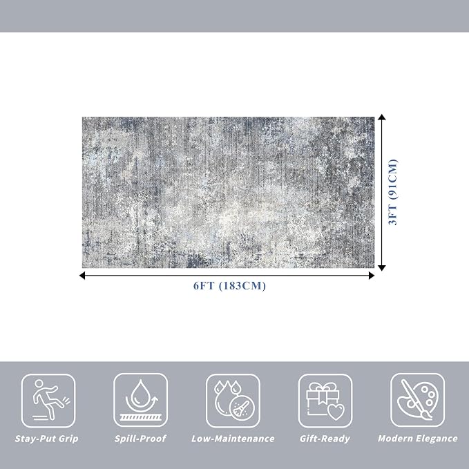 3x6 Washable Kitchen Runner Rug - Non Slip Stain Resistant Low-Pile Thin Wide Carpet Runners for Entryway Hallway Bathroom Bedside,Modern Neutral Abstract(Blue Grey,3x6)