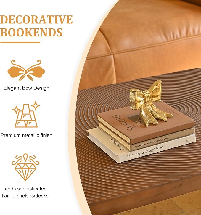 Metal Bookends Set of 2, Heavy Duty Book Ends for Heavy Books, Gold Decorative Bookends for Shelves Desk Office Home Decor