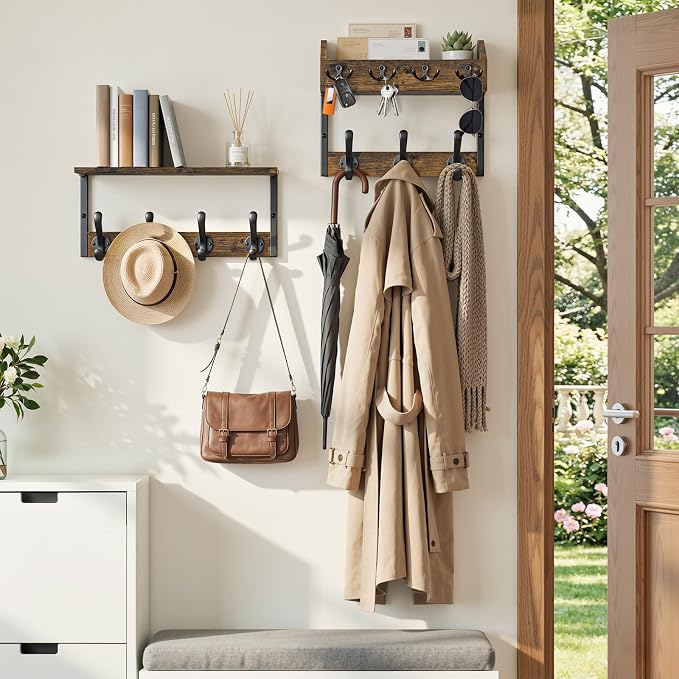 Lewondr Coat Rack Wall Mount with Shelf, 29" Entryway Wall Mounted Shelf with 7 Dual Hooks 4 Key Hooks, Entryway Floating Coat Rack with Mail Holder for Living Room, Bedroom, Vintage Brown