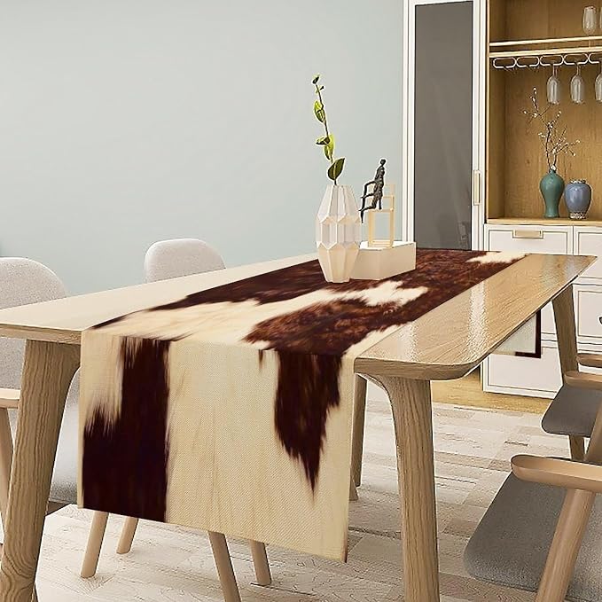 Cow Skin Print Table Runner, Rustic Farmhouse Cottage Animal Fur Skin Western Style Brown Wild 3D Cowhide Print Dinner Runner Table Decoration for Home Kitchen Dining 13x70 Inch