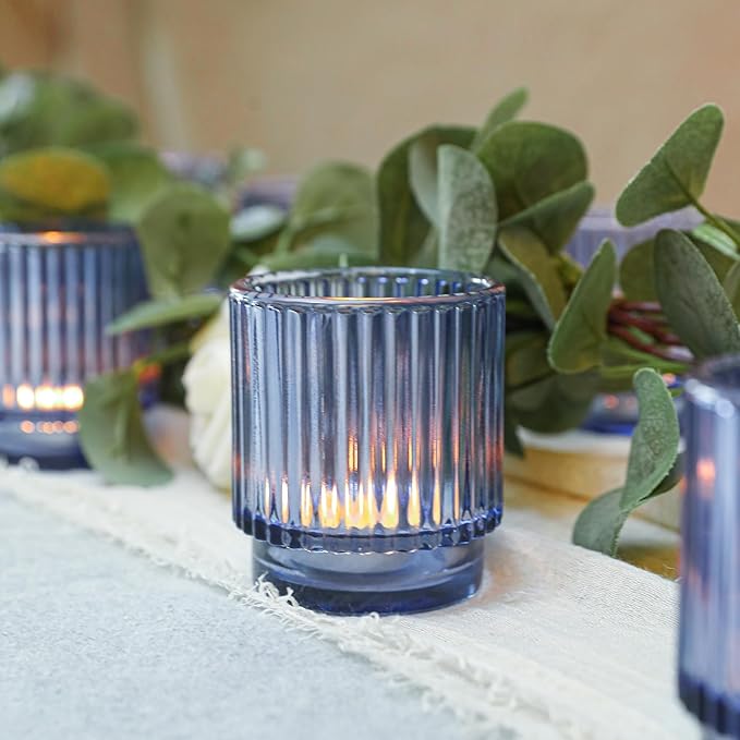 Vintage Ribbed Blue Glass Tealight & Votive Candle Holders (Set of 12), Wedding Bridal Shower Party Table Decor, Fall Decor, Boho Decor, Shelf Decoration