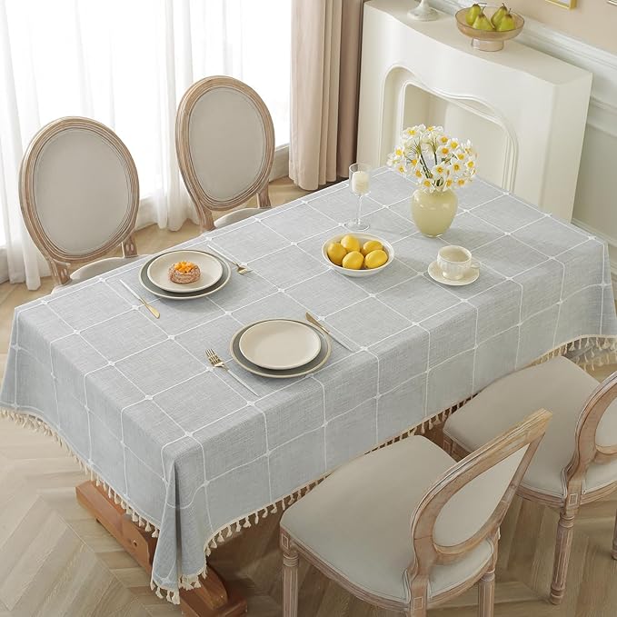 Laolitou Grey Plaid Tablecloth Rustic Burlap Linen Fabric,Washable Outdoor Table Covers with Tassel,Waterproof Table Cover for Kitchen Dining,Party,Holiday,Christmas,10-12 Seats