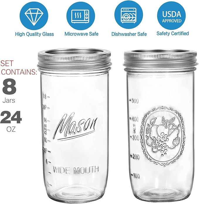 24 oz Wide Mouth Mason Jars - Canning Jars with Metal Airtight Lids and Bands, 24 ounce Mason Glass Jars for Fermenting, Pickling, Meal Prep, Overnight Oats, Jam, Jelly, DIY Projects (8 pack)