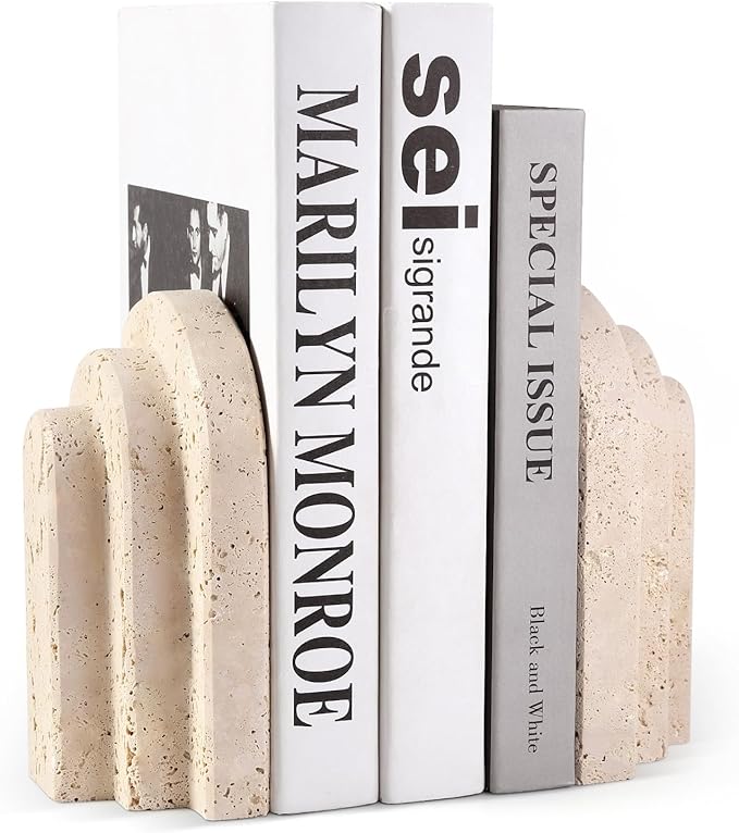 Natural Marble Book Ends - Heavy Duty Bookends for Shelves - Aesthetic Layered Arch Design Stone Book Holders, Unique Modern Office Bookshelf Stopper Decor for Books/CDs(Travertino Turkey)