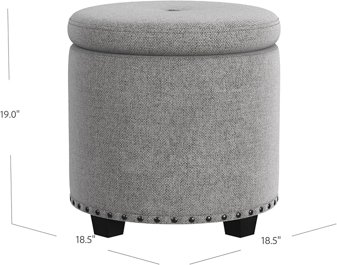 Homepop Home Decor | Upholstered Round Storage Ottoman with Nailheads| Ottoman with Storage for Living Room & Bedroom, Grey Woven