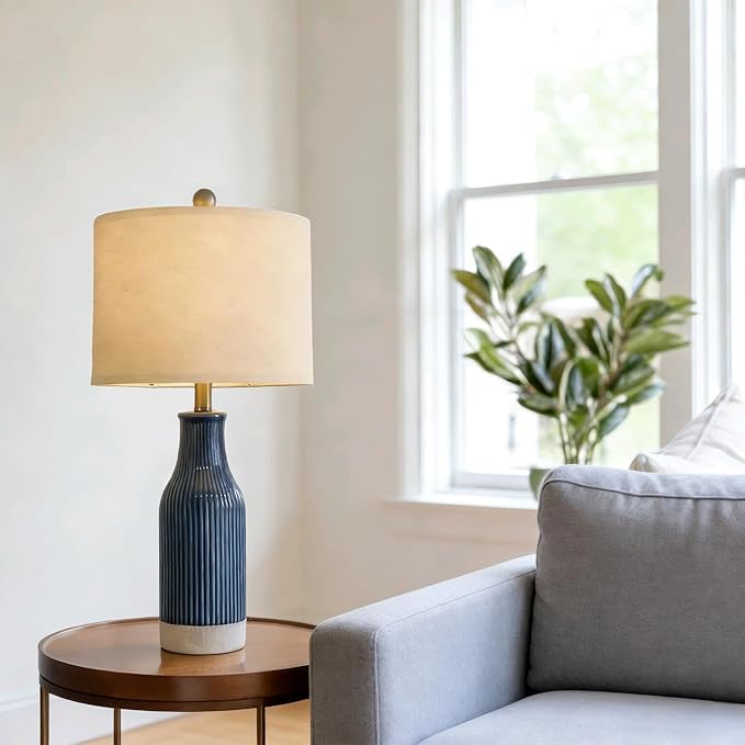USumkky 23.75inch Blue Modern Ceramic Bedside Lamp Set of 2 with 5FT Cord for Bedroom Decor Farmhouse Table Lamp for Living Room Office Dorm