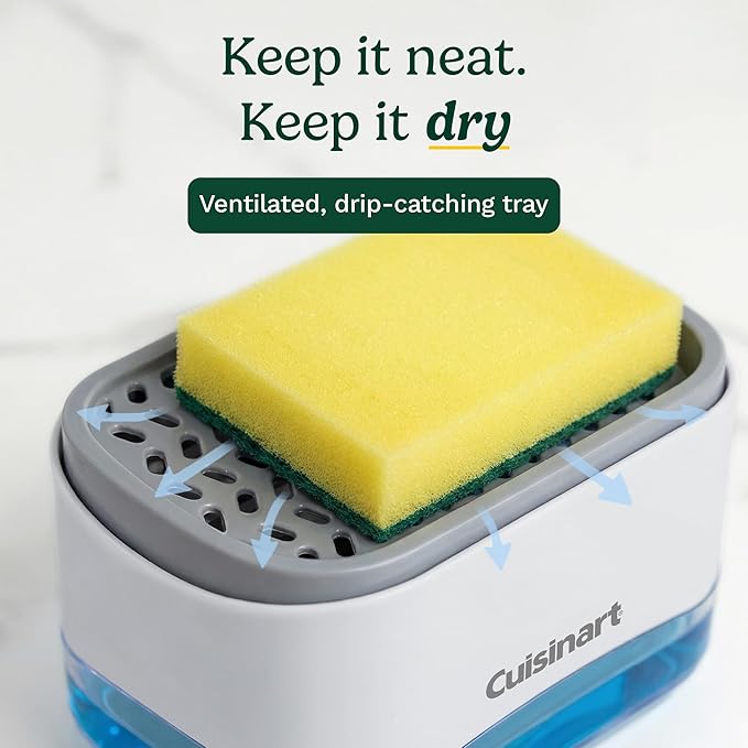 Cuisinart 2-in-1 Dish Soap Dispenser with Sponge Holder and Sponge for Kitchen Sink – Soap Pump Organizer Set with Tray, Countertop Caddy for Dishes, Dishwashing Liquid Dispenser, Sink Essentials