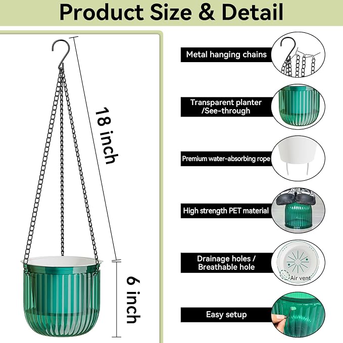 ZeeDix 3 Pack-6.5 Inch Hanging Planters for Indoor Plants, Self Watering Hanging Plant Pots with 3 Hooks and Drainage for Home, Wall, Window Decor Outdoor Use (Green, 6.5 inch)