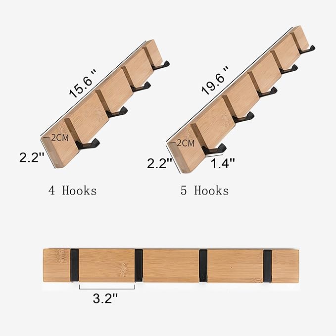 KYSMOTIC Wooden Wall Mounted Folding Coat Rack – Modern, Sleek Space-Saving Hanger for Entryway, Hallway, Living Room, Bedroom, Bathroom – Natural 4 Hooks(2 Pack)