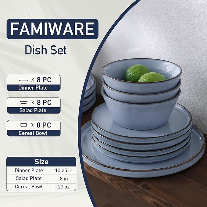 Famiware Plates and Bowls Sets, Annecy Stoneware Dinnerware Sets for 8, 24 Pieces Dish Set, Plate with Lip Edge, Reactive Glaze Tableware - Microwave & Dishwasher Safe, Reactive Blue