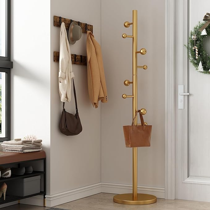 Coat Rack Freestanding Coat Tree with 8 Hooks Heavy Duty Coats Hanger Stand Metal Coats Rack Stand for Jacket Hat Clothes Bag Stainless Steel Hall Tree Hat Racks for Entryway Bedroom, Gold