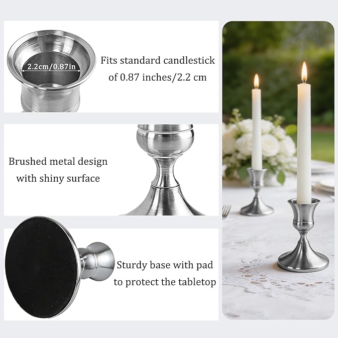 2PCS Silver Candlestick Holders Set, Small Decorative Candle Holders for Taper Candles, Vintage Metal Candlestick Holders for Dinning Table Mantel Home Wedding Party Decor
